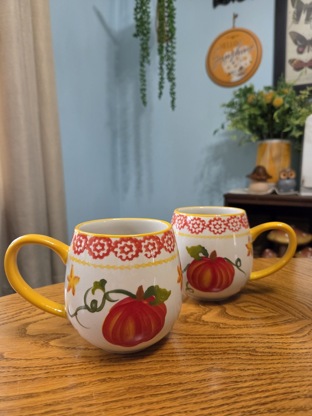 Pair of Temptations Pumpkin Patch Ceramic Coffee Mugs Harvest Fall Decor